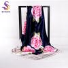 [BYSIFA] Chinese Pink Peony Women Satin Silk Scarf Cape  New Navy Blue Elegant Ladies Neck Head Scarf Spring Autumn Scarves