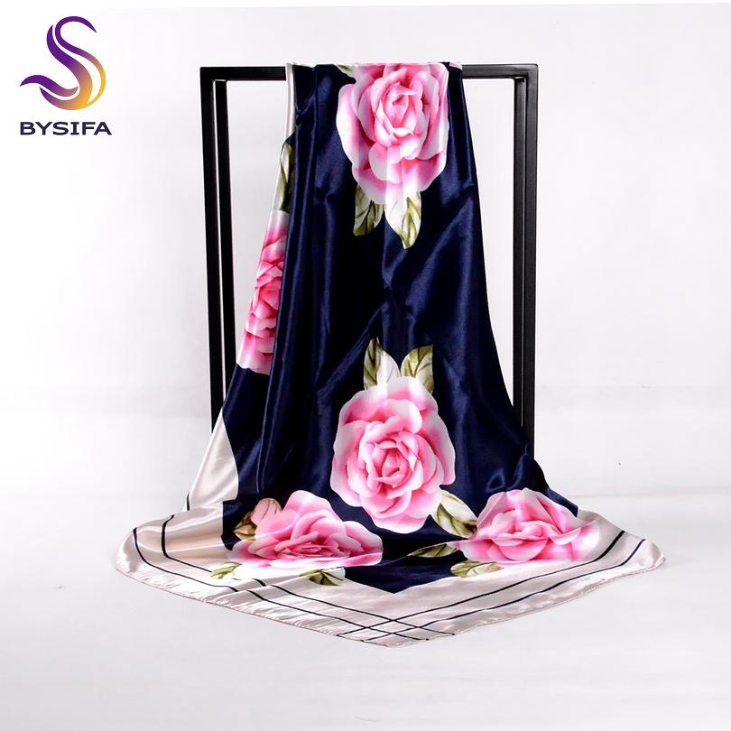[BYSIFA] Chinese Pink Peony Women Satin Silk Scarf Cape  New Navy Blue Elegant Ladies Neck Head Scarf Spring Autumn Scarves