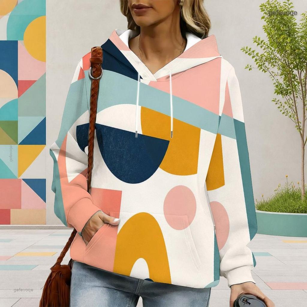 Women Plus Size Off White Printed Long Sleeve Drawstring Hoodie With Kangaroo Pocket