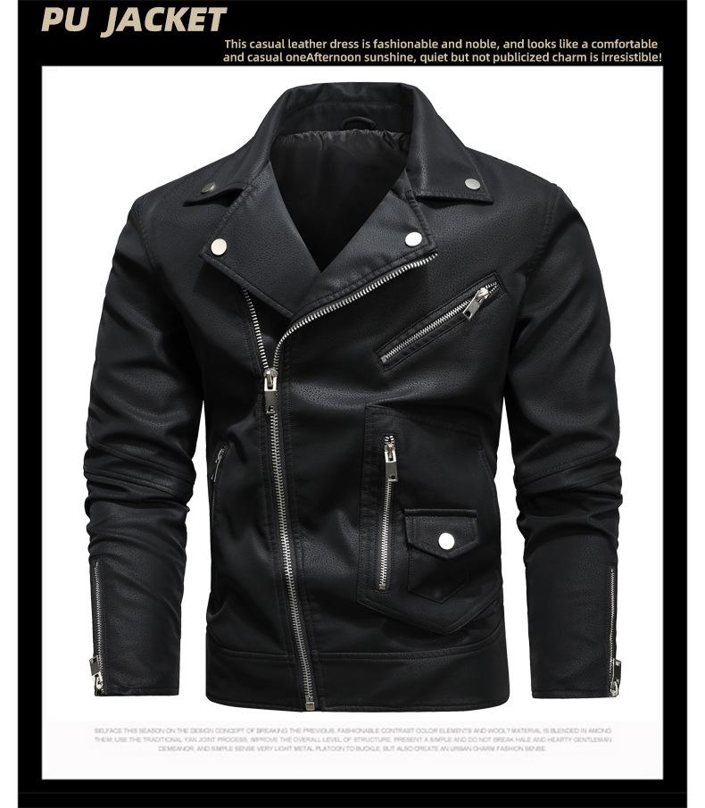 Modna Męska Skórzana Kurtka Motocyklowa w Dużym Rozmiarze z Wieloma Zamkami i Dużym Klapą