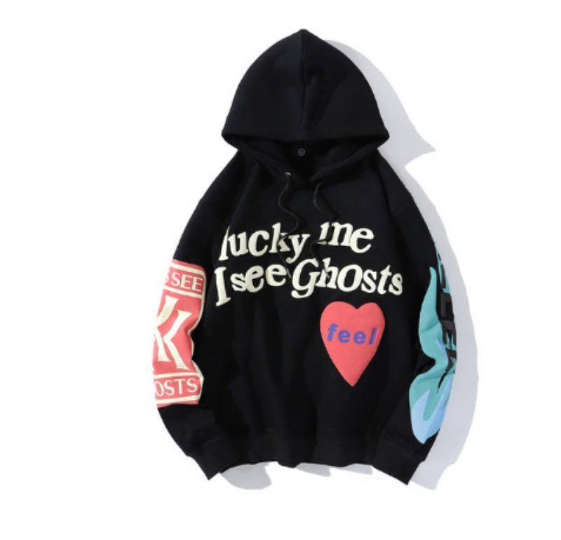 Lucky Me I See Ghosts Letter Print Sweatshirt Couple Kanye West Graffiti Winter Pullovers Hooded Hoodie Hip Hop Long Sleeve Coat
