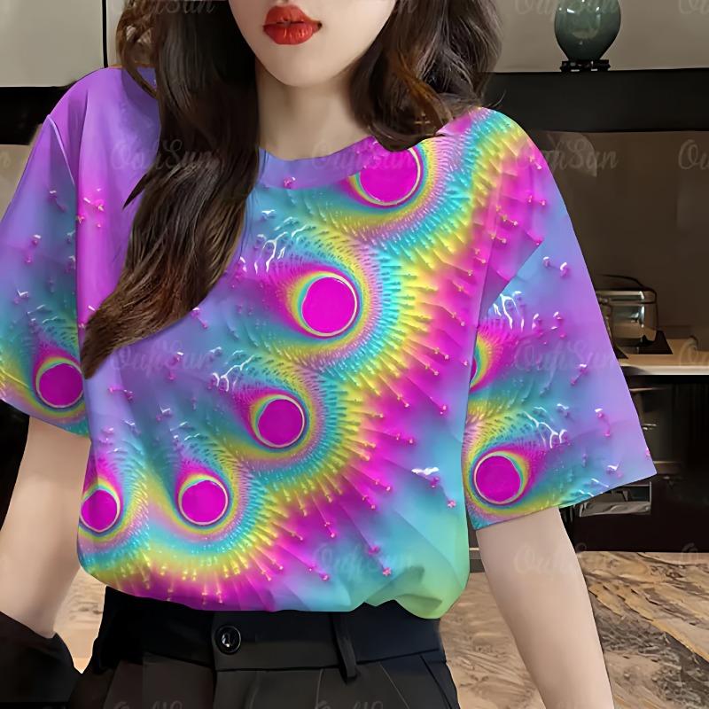 Summer Hot Sale Geometric Pattern 3D Print Short Sleeve round Neck T-Shirt Women's Fashionable Polyester Moisture Wicking Tee