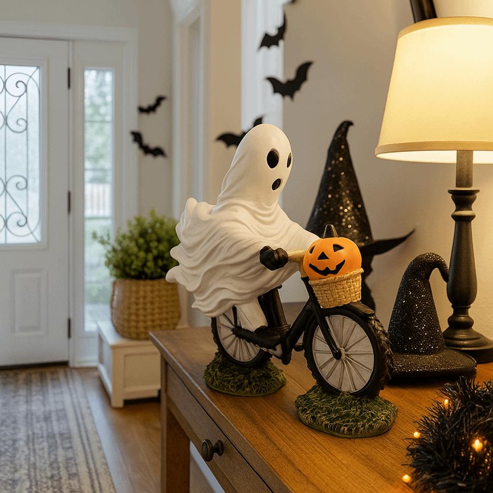 Cartoon Ghost Figurines Ornament Funny Ghost Statue Unique Ghost Bike Rider  Halloween