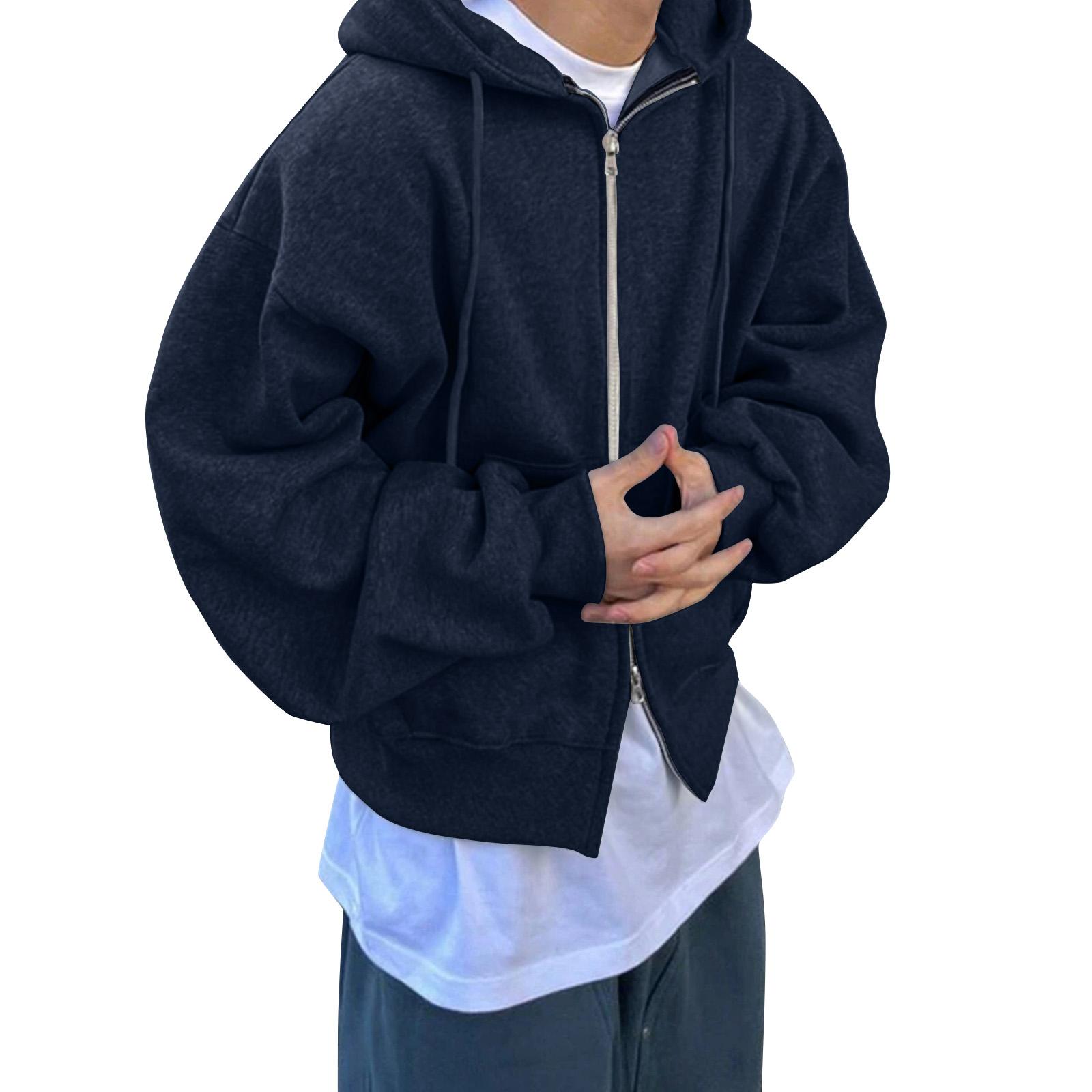 

Чоловічий однотонний світшот на подвійній блискавці, чоловіча спортивна великого розміру повсякденна куртка-світшот XXL Темно-синій