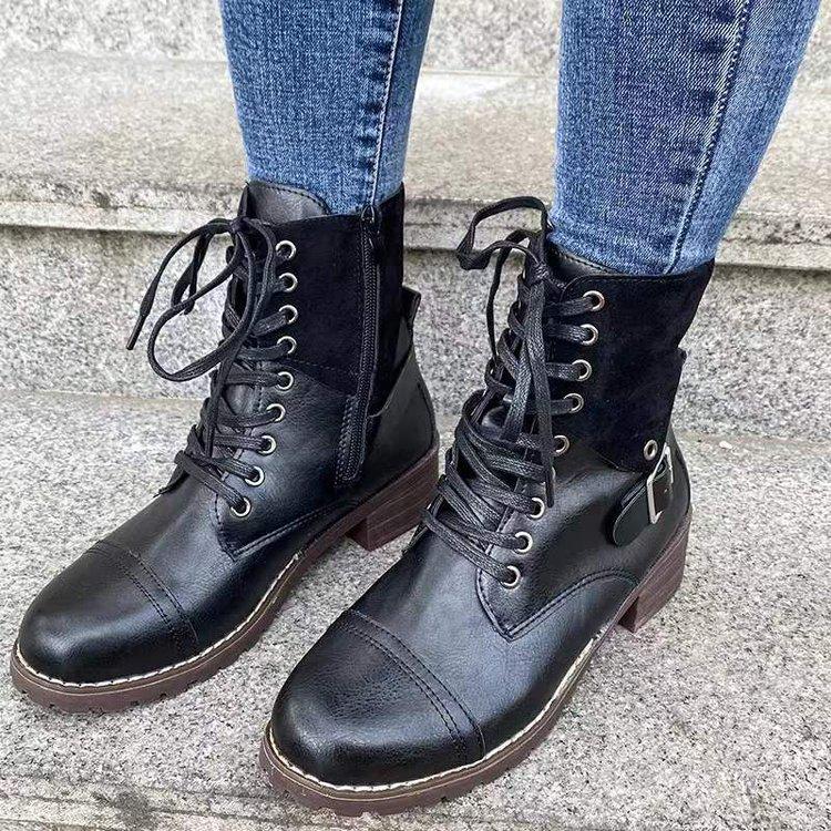 Dame Brune Snørestøvler (Martin Boots) - Stor Størrelse, Læder, Spænde, Efterår/Vinter 2021 Kollektion