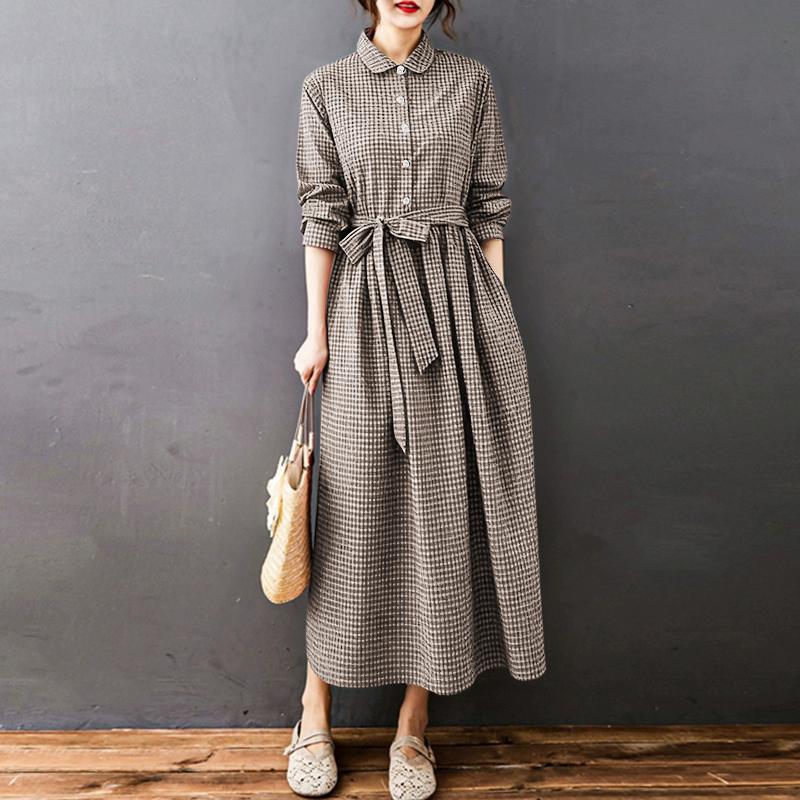 

ZANZEA Жіноча повсякденна сукня з відкладним коміром, вільна, з довгим рукавом, з картатим принтом XL коричневий