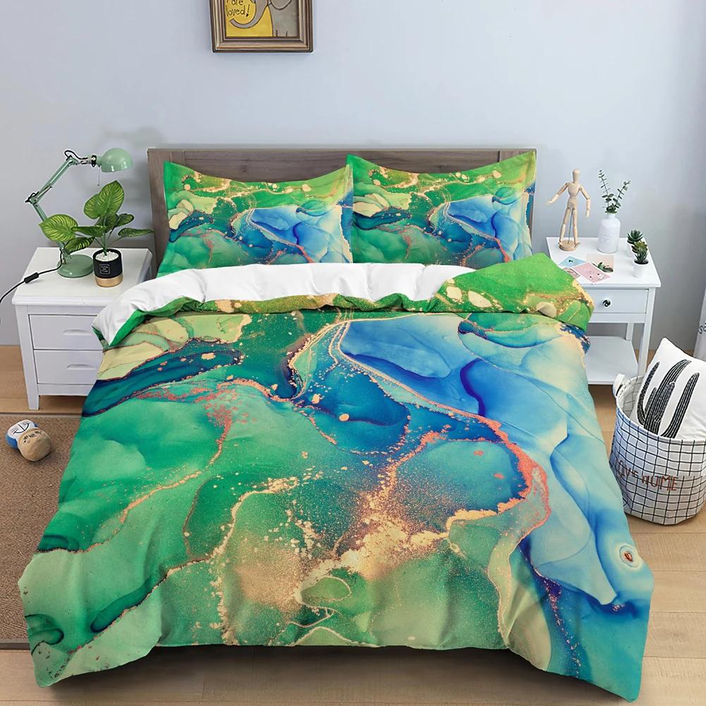 Chic Watercolour Marble Teal Blue Marble Duvet Cover Women Girl Gift Gold Fluid Stone Abstract Art Watercolor Bedspread Cover