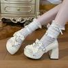 Lolita women's shoes bow shallow mouth Japanese Lolita shoes cute girl round head middle heel loli single shoes