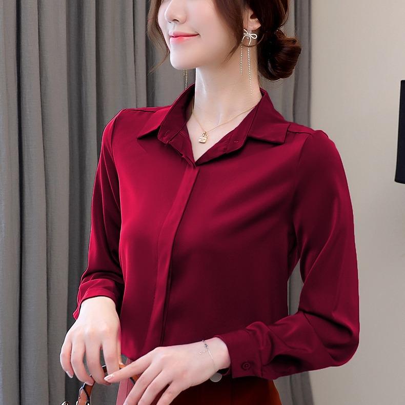 1111 Autumn New Satin Shirt Professional Long Sleeve Top Slim Bottom Lapel Solid Color Shirt Women's Lining