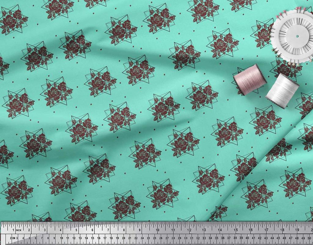 Soimoi Green Poly Crepe Fabric Geometric & Rose Floral Printed Fabric 1 Yard 42 Inch
