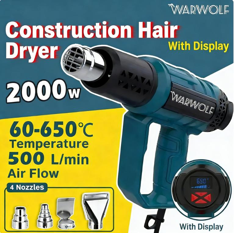 

Warwolf Construction Heat Gun. Stepless Temperature Controller. 2000W Manual Adjustment, with Display. 2000W, 60-600°C. 2000W & Above