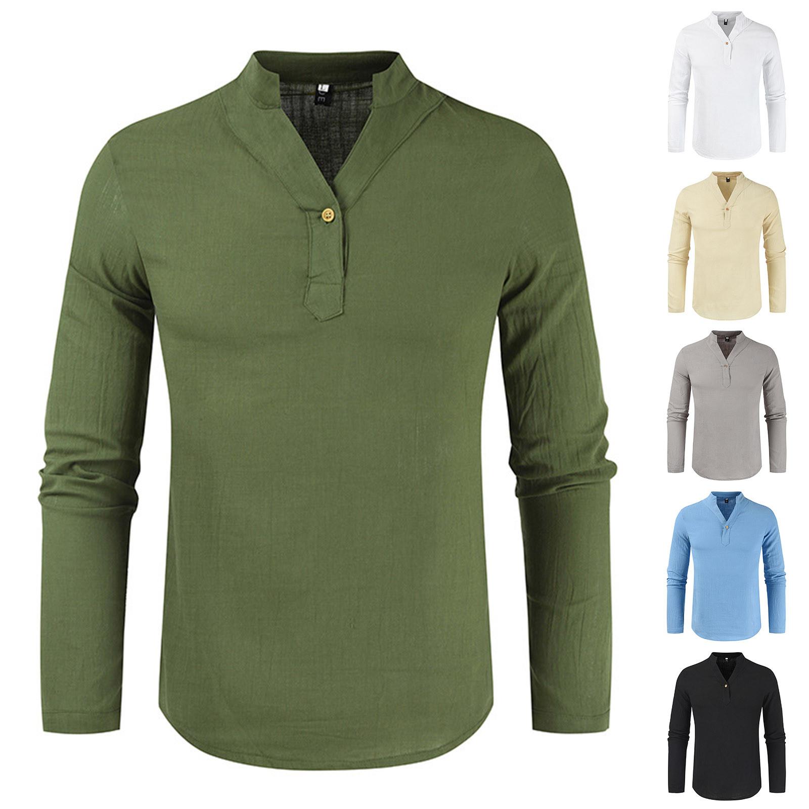 

Мужская весна лето повседневная мода хлопок лен однотонный круглый вырез с длинным рукавом