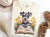 Miniature Schnauzer T Shirt, Cute Dog Reading Book Shirt, Floral Dog Lover Tee, Cozy Schnauzer Tee, Bookish Pet Gift, Smart Pup Top