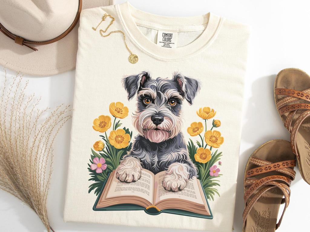 Miniature Schnauzer T Shirt, Cute Dog Reading Book Shirt, Floral Dog Lover Tee, Cozy Schnauzer Tee, Bookish Pet Gift, Smart Pup Top