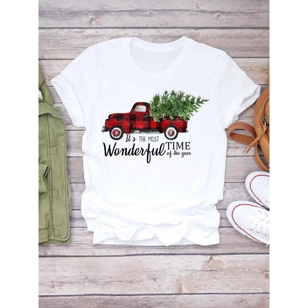 Printed Lady Clothing Fashion Christmas Women Plaid Truck Tree Trend 90s Short Sleeve TShirts New Year Graphic T Top Tee