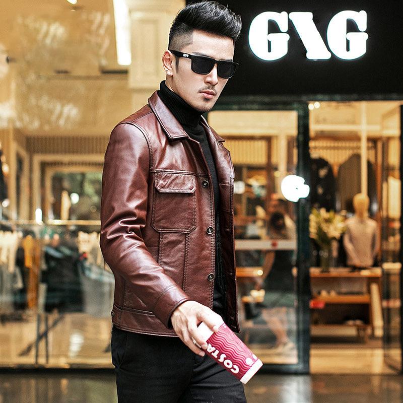 Herbstliche Daunenlederjacke für Herren, Oberschicht, Kalbsleder, Motorradjacke, Lederjacke, kurze lässige Trendjacke