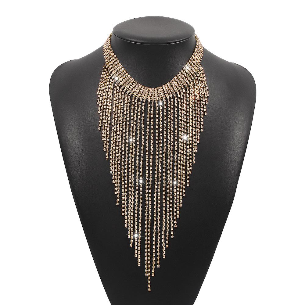 European And N9886 American Crossborder Back Decoration Exaggerated Vintage Necklace With Rhinestones And Tassel Desi Geometric