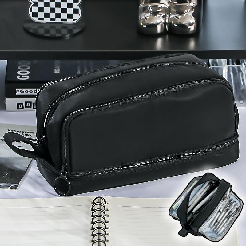 1pcs Dual-side Open Pen Bag Pencil Case 4 Compartments With Zipper & Portable Handle Storage Pouch for Stationery