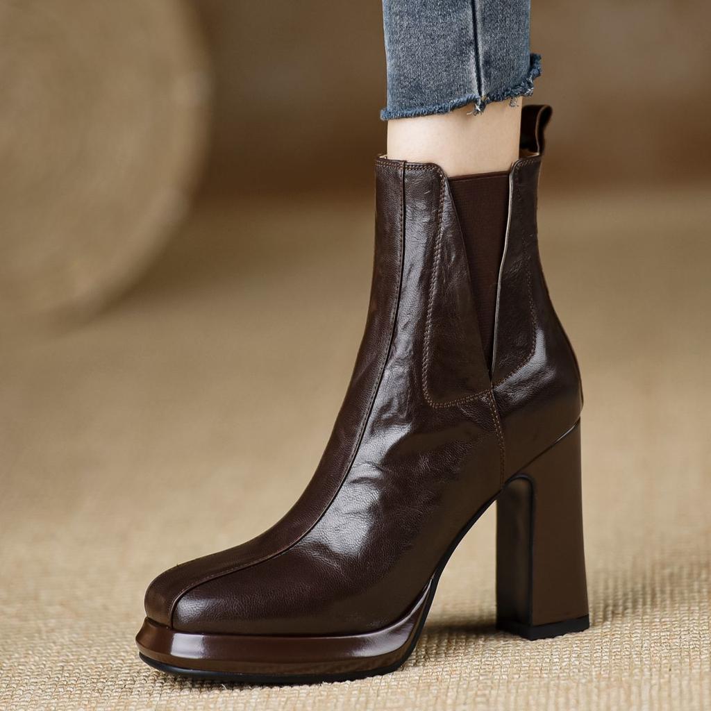 Waterproof table thick heel 2025 autumn new foreign style versatile comfortable high heel boots elastic heightening short boots brown