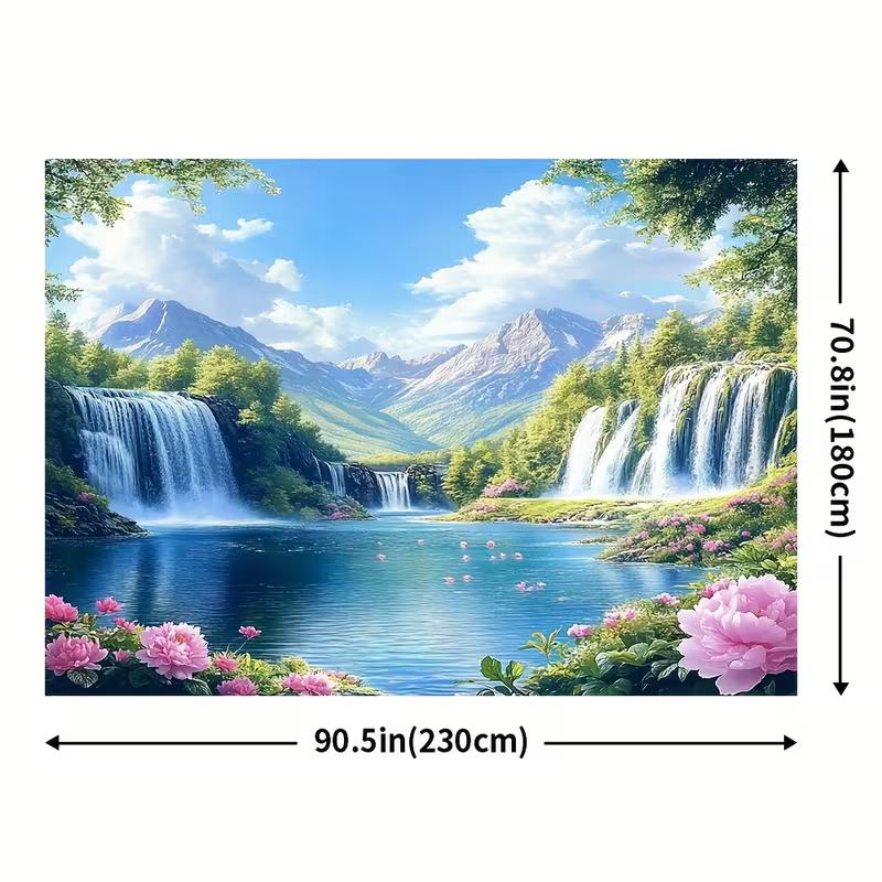 2D Printed Waterfall Lake Scenery Backdrop, Mountain View with Pink Flowers Photo Background for Home Decor