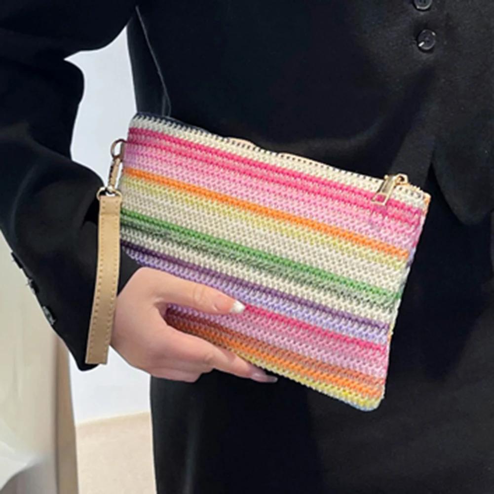 2025 Summer Straw Clutch Purse Bohemian Colorful Striped Wristlet Bag Hand-Woven Chic Hobo Bag Women's Retro Chain Crossbody Bag