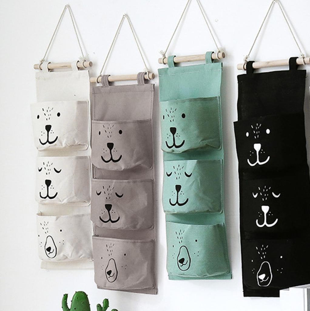 3 Pockets Cotton Wall Mounted Storage Bag Home Room Closet Door Sundries Clothes Hanging Bag Holder Cosmetic Toys Organizer