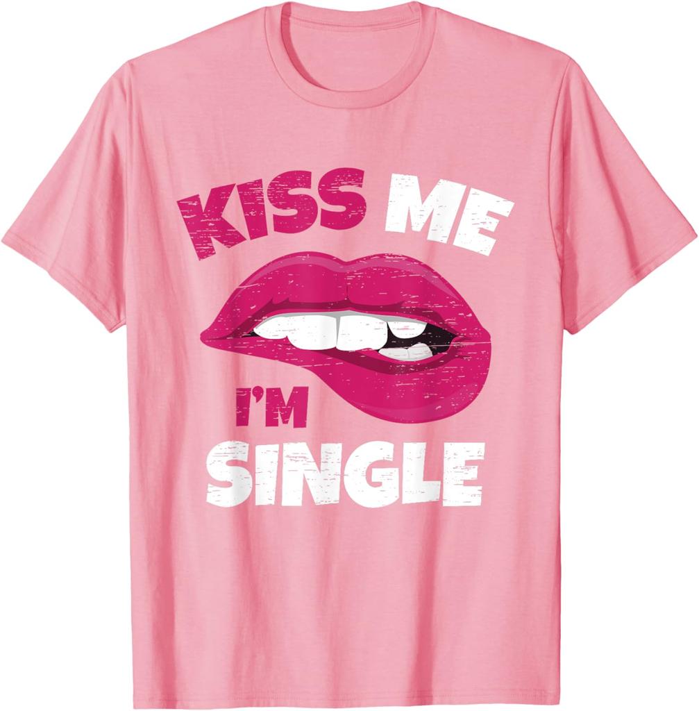 Kiss Me Im Single Lips Graphic Print Round Neck Cotton Short Sleeve T-Shirt Casual Daily Adults