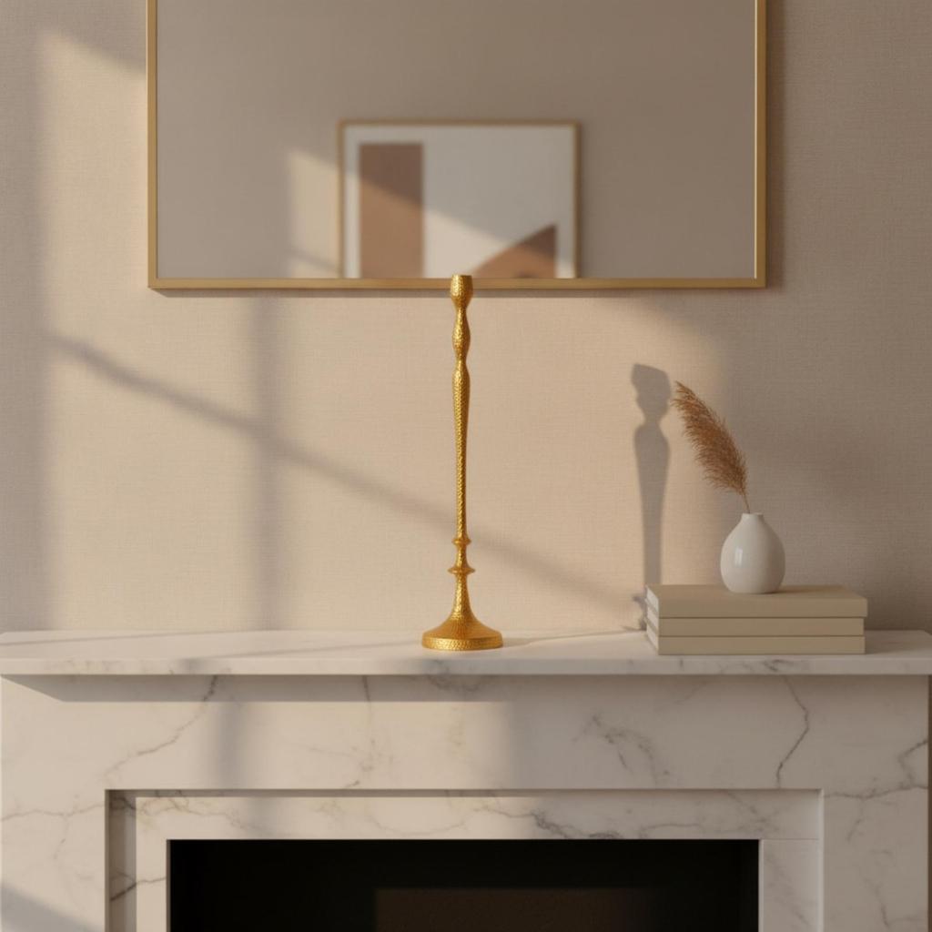 Aluminum Candlestick with Gold Electroplated Finish Stable for Entryway, Mantel