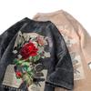 Pure Cotton American Retro Old Washed Black Brown Casual Elegant Rose Print Oversize Loose Short-Sleeved T-Shirt