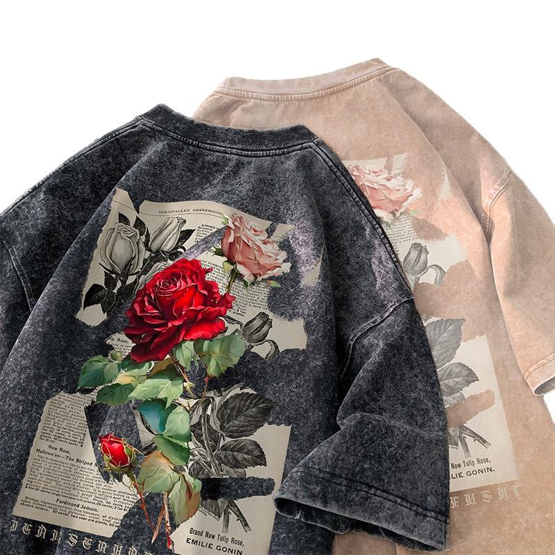 Pure Cotton American Retro Old Washed Black Brown Casual Elegant Rose Print Oversize Loose Short-Sleeved T-Shirt