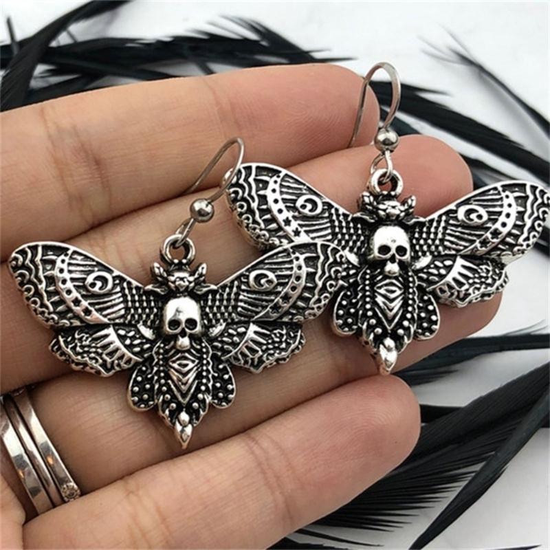 Goth Gothic Death Skull Moth Chain Earrings for Men Women Pendant Choker Earrings Vintage Punk Jewelry New Fashion