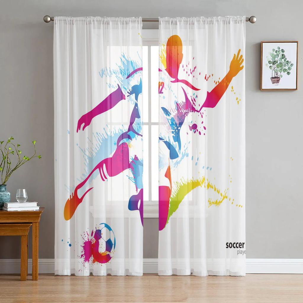 Bunte Fußball-Farbkunst-Fußball-Tüll-Vorhänge für Wohnzimmer-Dekoration, Fenstervorhang für Schlafzimmer, Voile-Organza-Vorhänge