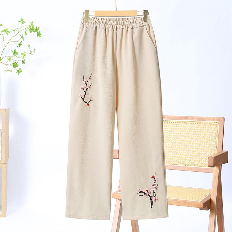 Mom's Summer Ice Silk Wide-Leg Pants - Loose, Casual, Nine-Point for Middle-Aged & Elderly Women