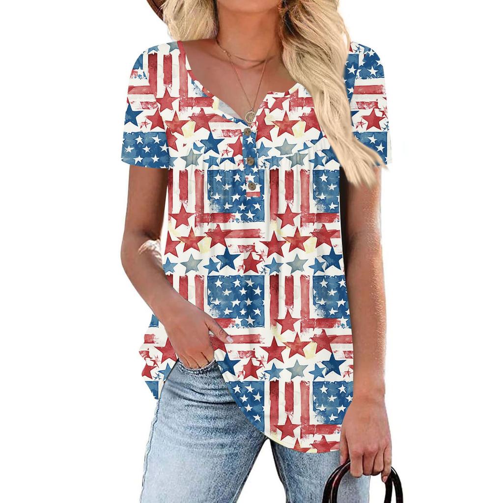 Women Tunic Tops Dressy Casual Summer Short Sleeve Shirts Loose Fit Pleated Boho Top Independence Day