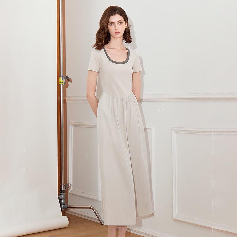 Chuyu Color-block Faux Two-Piece U-Neck Short-Sleeve A-Line Midi Dress