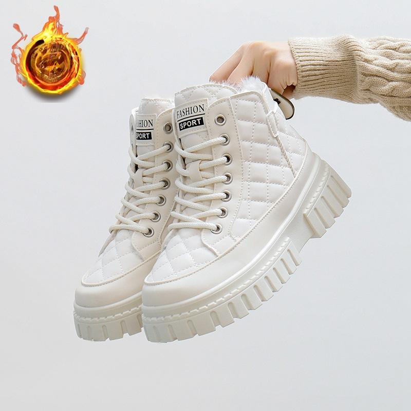 Lässige, klobige Plateau-Schneestiefeletten für Damen mit Kunstfellfutter, rutschfeste, warme Winterstiefeletten mit Schnürung, Schuhe für Damen, bequeme kurze Stiefel