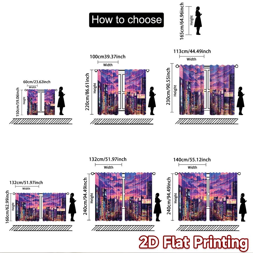2D flat printing 2pcs Window Curtains Anime Cityscape Neon Night Digital Printed Polyester Drapes Birthday Party for Photo