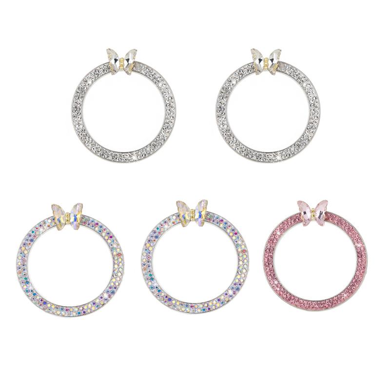 5pcs Diamond Bow Bell Car Start Button Decoration Rhinestone Circle One Click Start Button Engine Start Stop Switch Button Cover