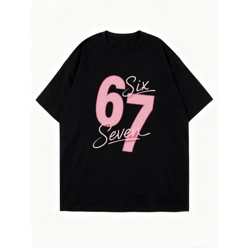 Oversized T-Shirt Black Six Seven Pink Glitter Number Print Casual Wear For Women Street Style Fashion Top Summer Outfit