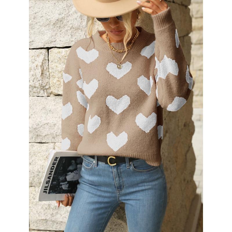 VEZFAA Damenmode Lässig Herbst Winter Liebesbrief-Druck Langarm O-Ausschnitt Pullover