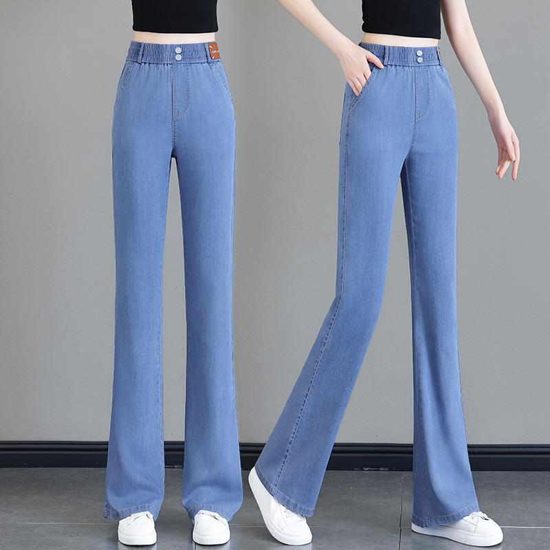 Women's High Waist Elastic Waist Flare Jeans Slim Micro Flared Denim Pants Summer Thin Lyocell Casual Trousers
