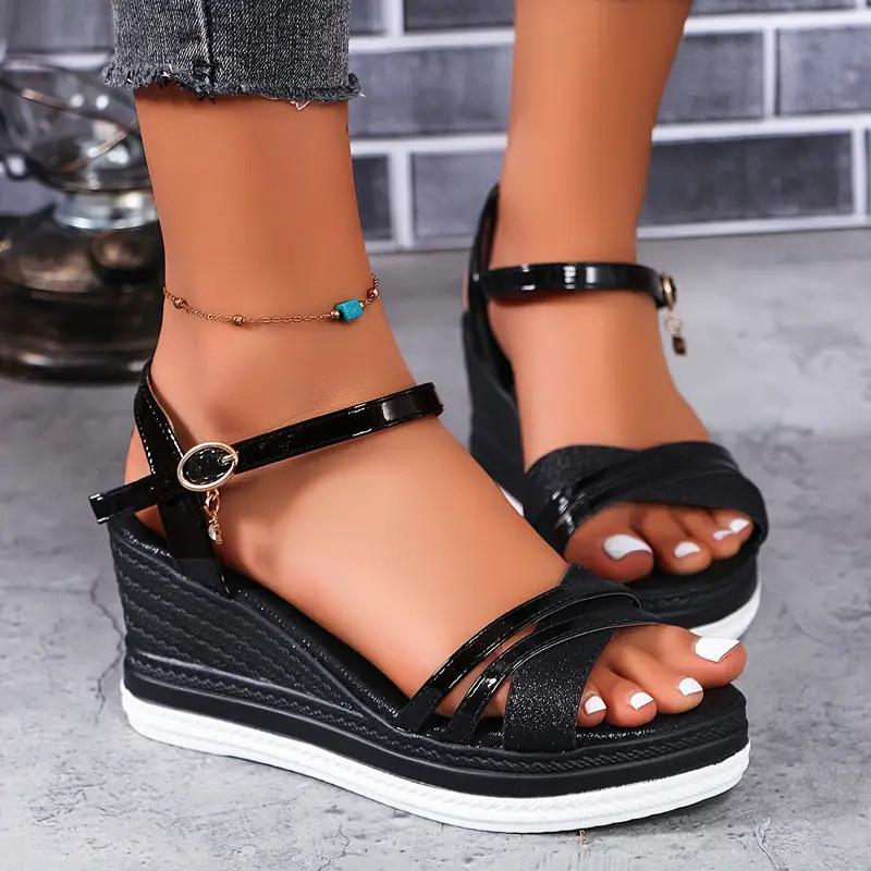 Foreign Trade Large Size Women's Sandals 2025 Summer New Fish Mouth Flat Bottom Wedge Heel One-word Buckle Fashion Women's Sandals