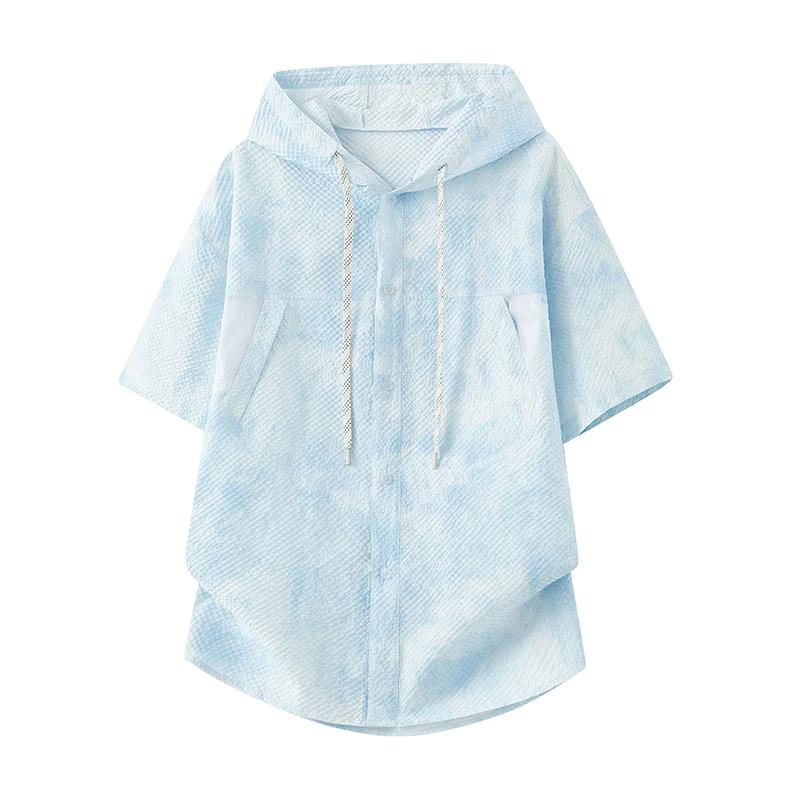 

Men s Summer Tie-Dye Hooded Short Sleeve Shirt Quick Dry Lightweight Breathable Casual Sun Protection Blouse Tops 3XL світло-синій колір