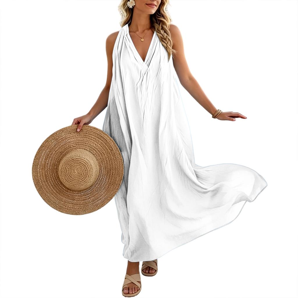 Women Sleeveless Loose Fit Maxi Dress with Pockets Elegant V Neck Solid Casual Long Dress for Summer Beach Holiday