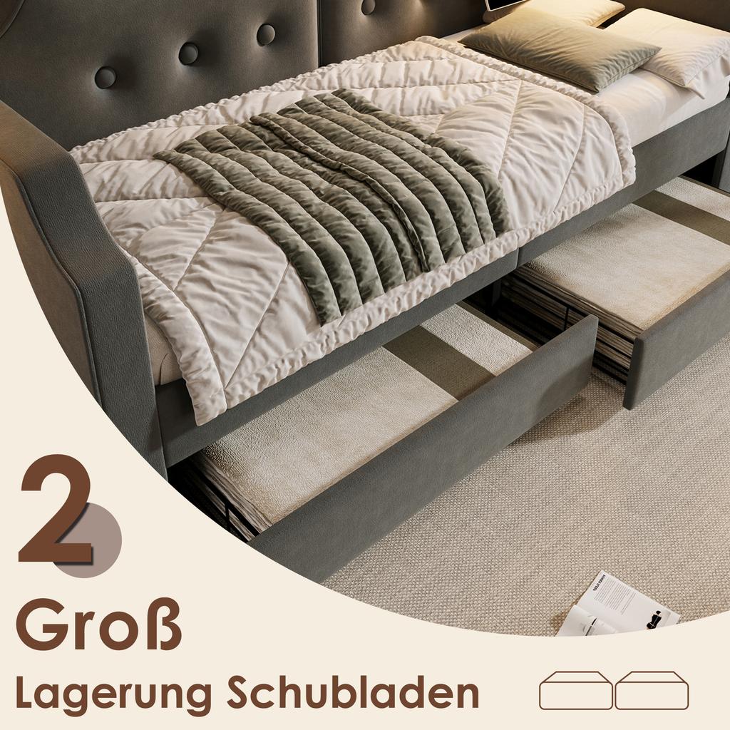 Divano Letto 90x200 cm con Luce di Lettura USB Type-C, Day Bed con 2 Cassetti Contenitori, Struttura Letto con Rete a Doghe in Legno, Velluto, Grigio (Senza materasso)