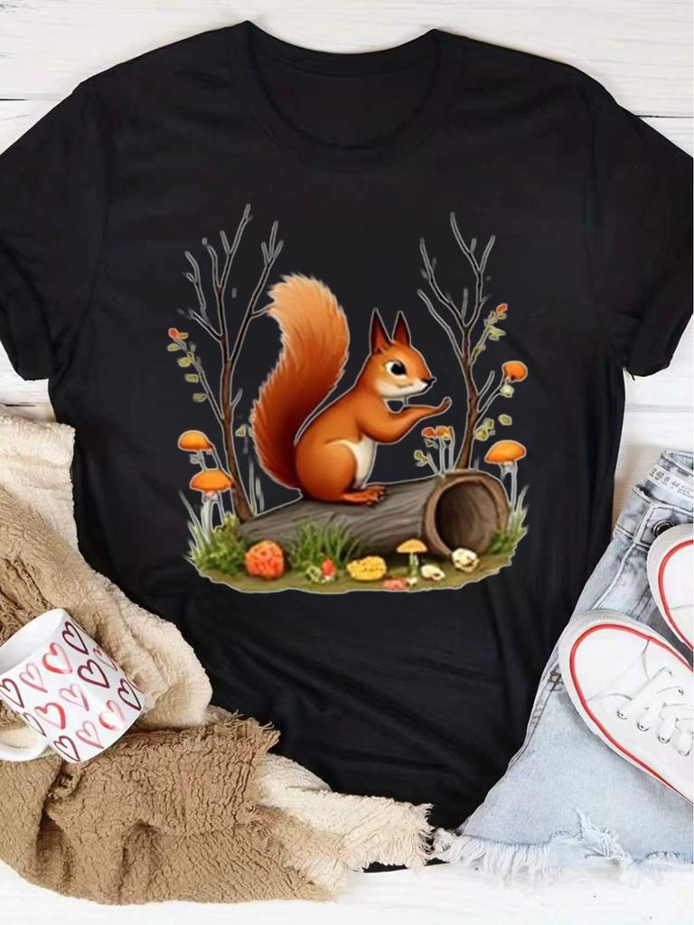 Adorable Forest Squirrel Print T-Shirt, Perfect Gift for Family And Friends, Ideal for Casual Wear, Office Parties, And