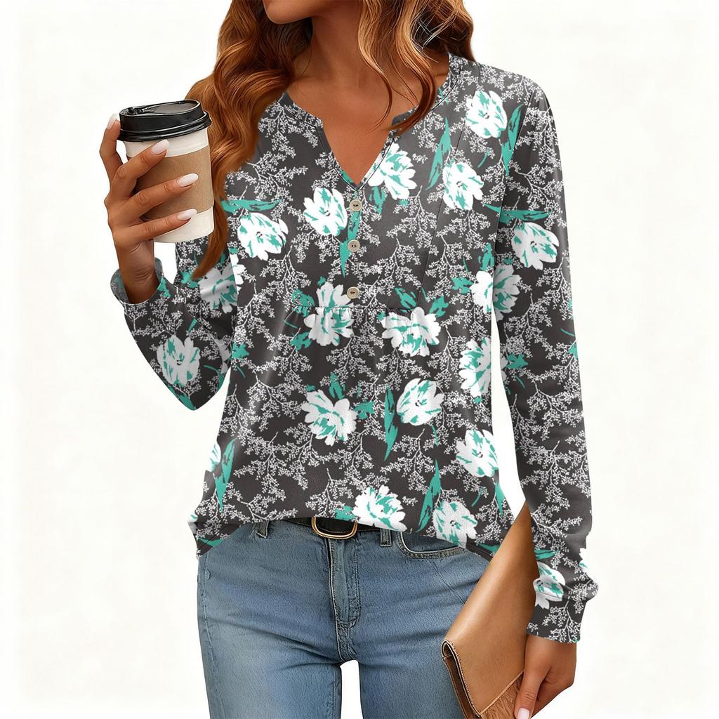 Women's Relaxed,Fit V,Neck Vintage Color,Blocked Floral Print Long,Sleeve Pullover Tee