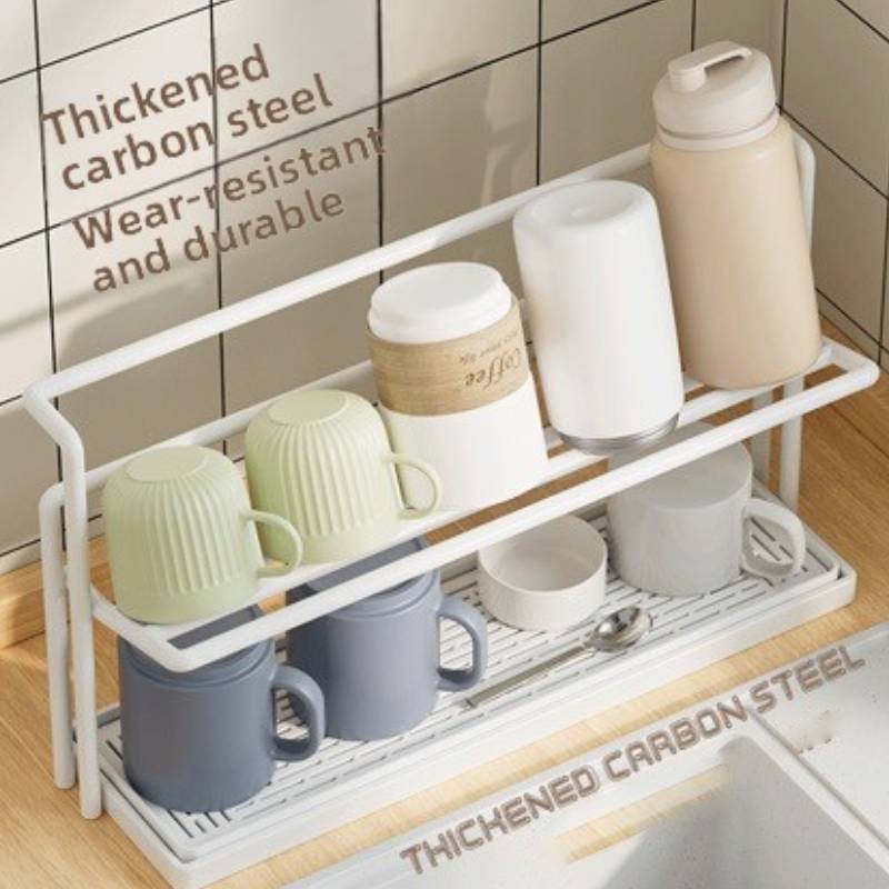 Kitchen Cup Holder Rack With Double Layer Steel Drip Tray For Home Storage Organization