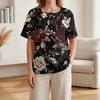 Women’s Floral Print Cotton Linen Short Sleeve Henley Shirt with Chest Pocket Casual Loose Fit Button Neck Top