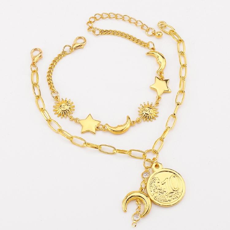 Trendiges Verstellbares 14K Gold Charm Armband Mond Stern Strand Schmuck Verstellbare Charm Kette Handgelenk Dekoration Für Frauen